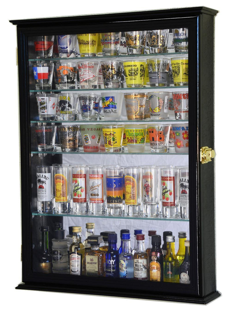 Large Mirror Backed and 7 Glass Shelves Shot Glasses Display Case Cabinet - sfDisplay.com